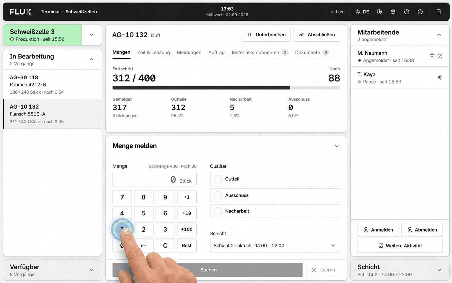 FLUX Terminal: Arbeitsschritt per Touch quittieren, Rückmeldung am Auftrag
