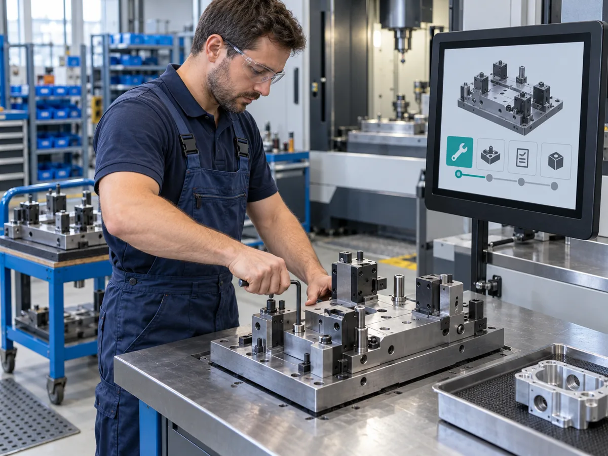 Mitarbeiter richtet eine Vorrichtung ein; daneben ein Terminal mit schematischen Vorbereitungsschritten.