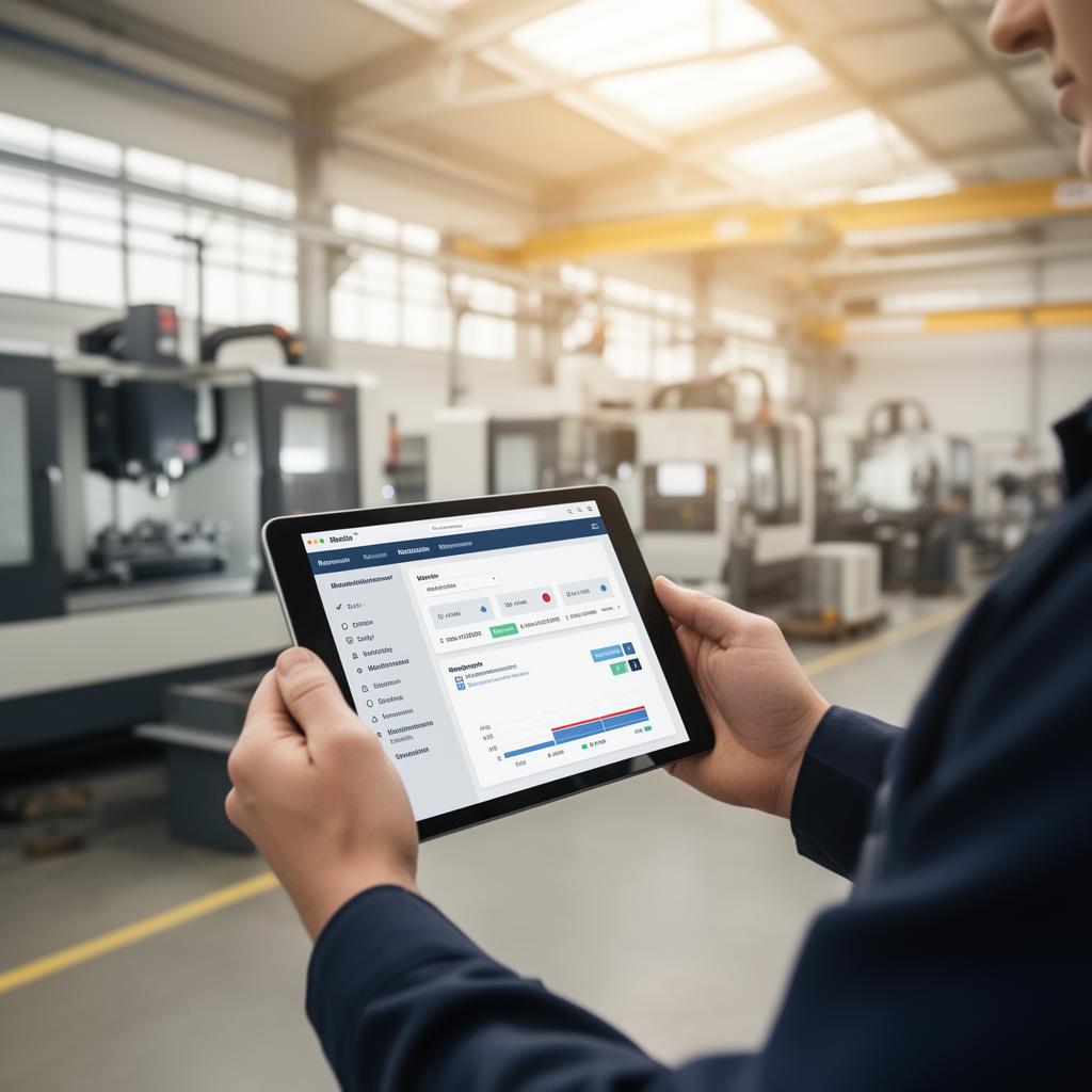 Mitarbeitende mit Tablet vor CNC-Maschinen in einer modernen Fertigungshalle